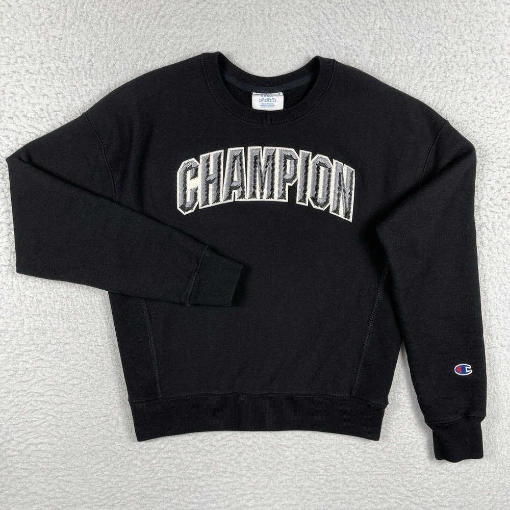 Champion Sweatshirt‎ Womens Small Black Embroidered Spell Out Crew Reverse Weave